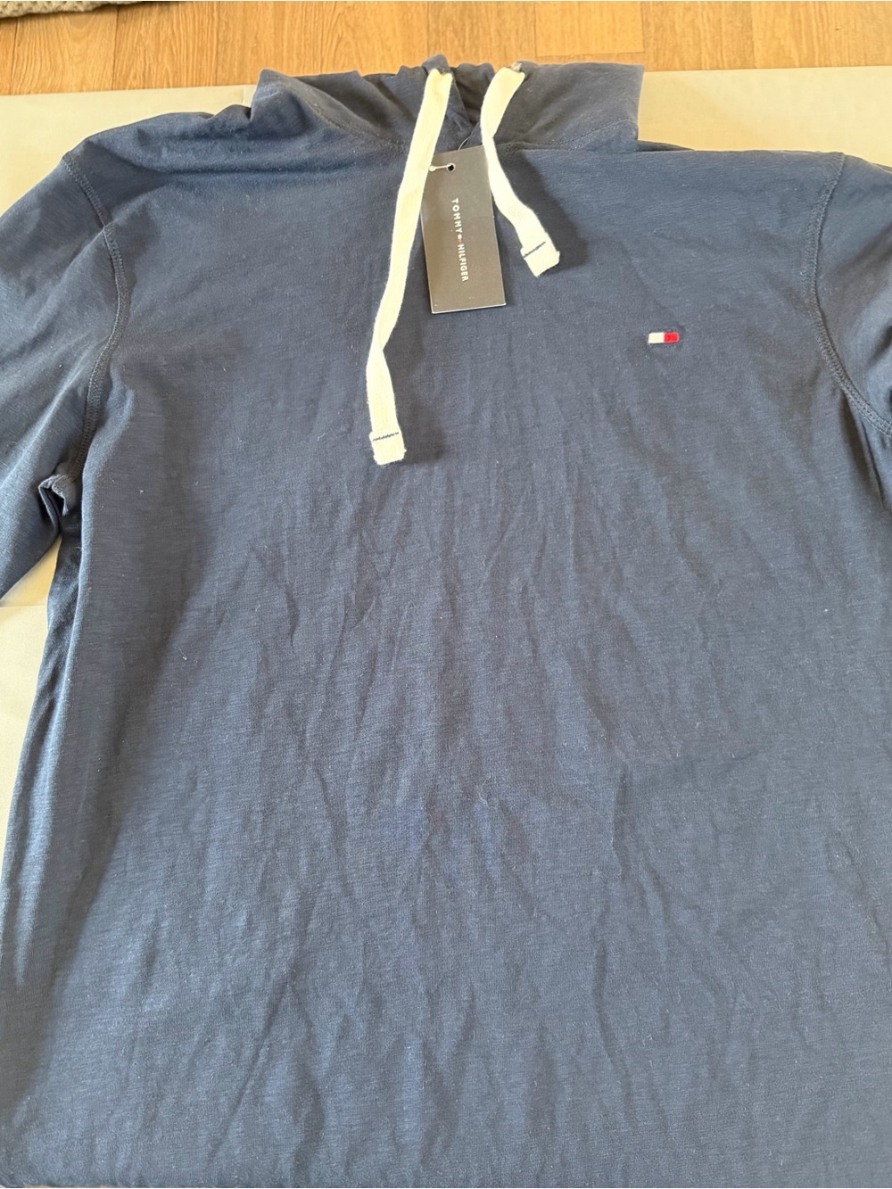 Tommy Hilfiger Navy Hooded Long-Sleeve Pullover with White Drawstrings